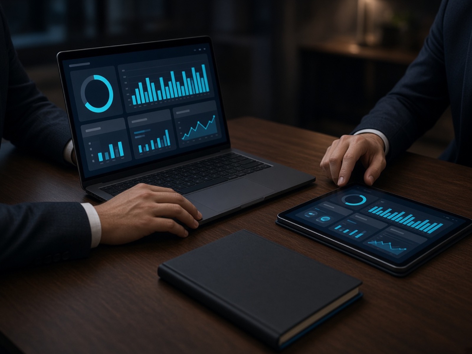 Laptop and tablet showing a dark after-action dashboard beside a client report folder