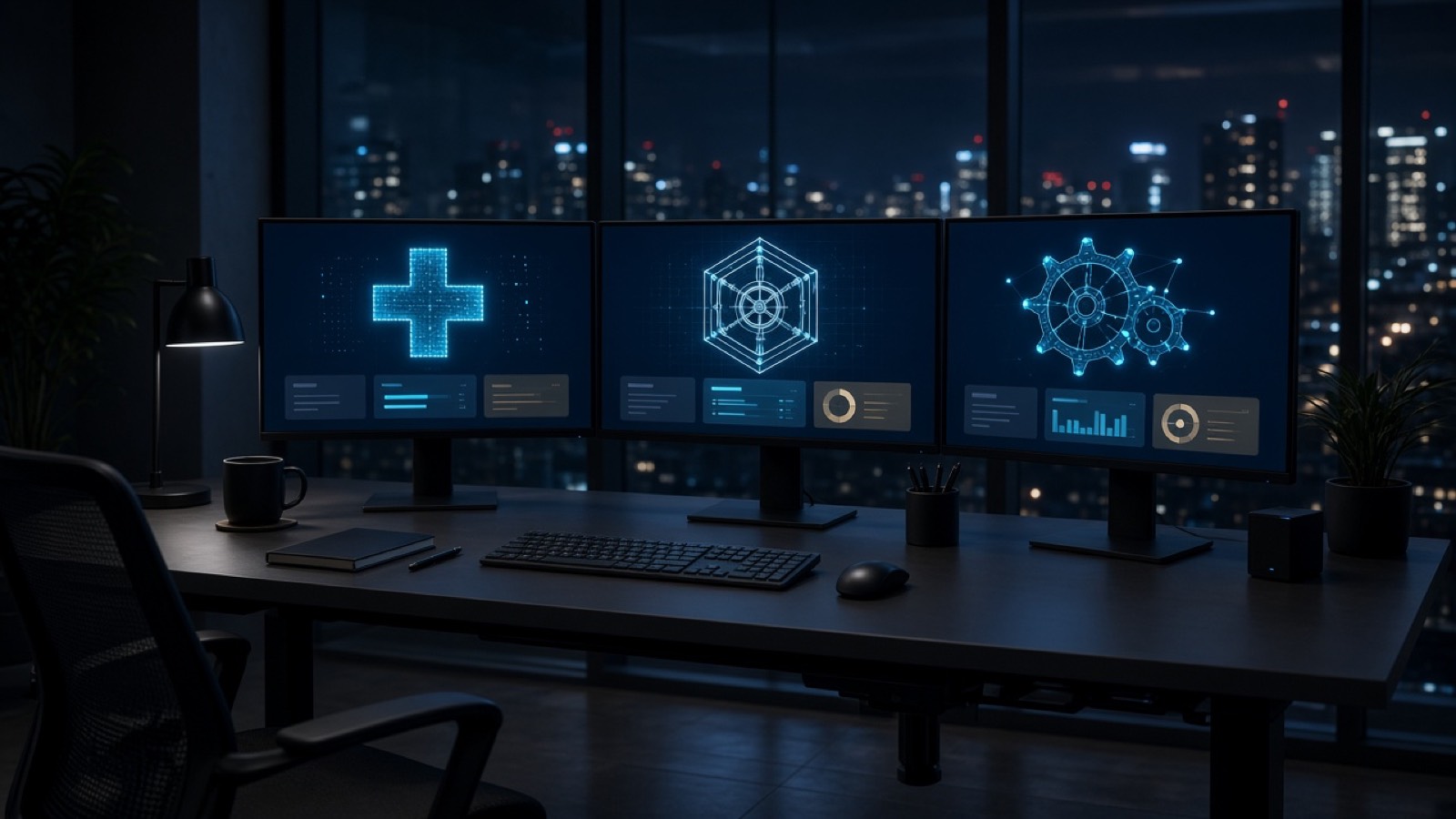 Three monitors showing healthcare, finance, and manufacturing exercise libraries